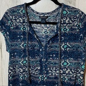 Lucky Brand Aztec Print Tee w/ Braided Neck Tie